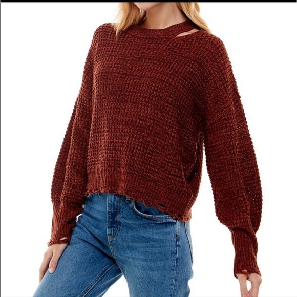Ultra Flirt Distressed Balloon Sleeve Sweater Brown Cozy Fall Casual Style L - Picture 13 of 13